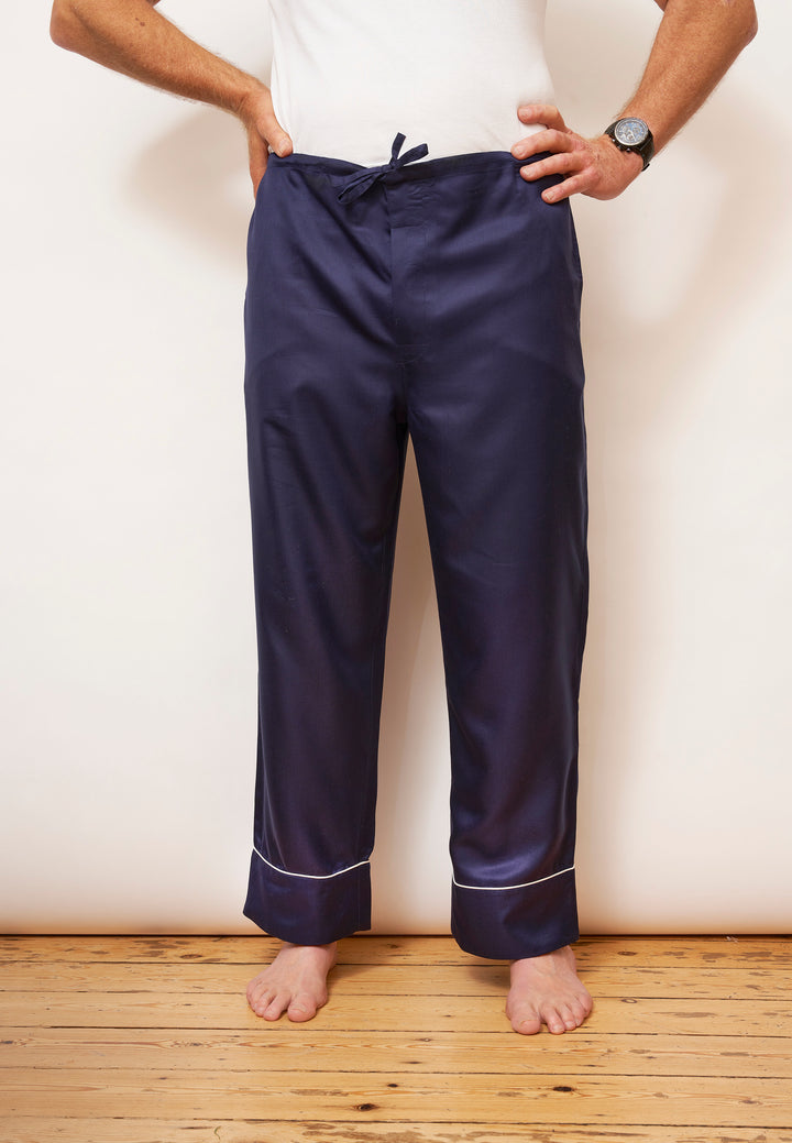 Separate - Mulberry Silk Men's Long Pyjama Bottoms - Midnight Navy with Ivory Piping