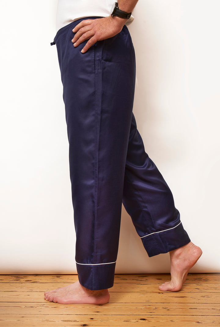 Separate - Mulberry Silk Men's Long Pyjama Bottoms - Midnight Navy with Ivory Piping
