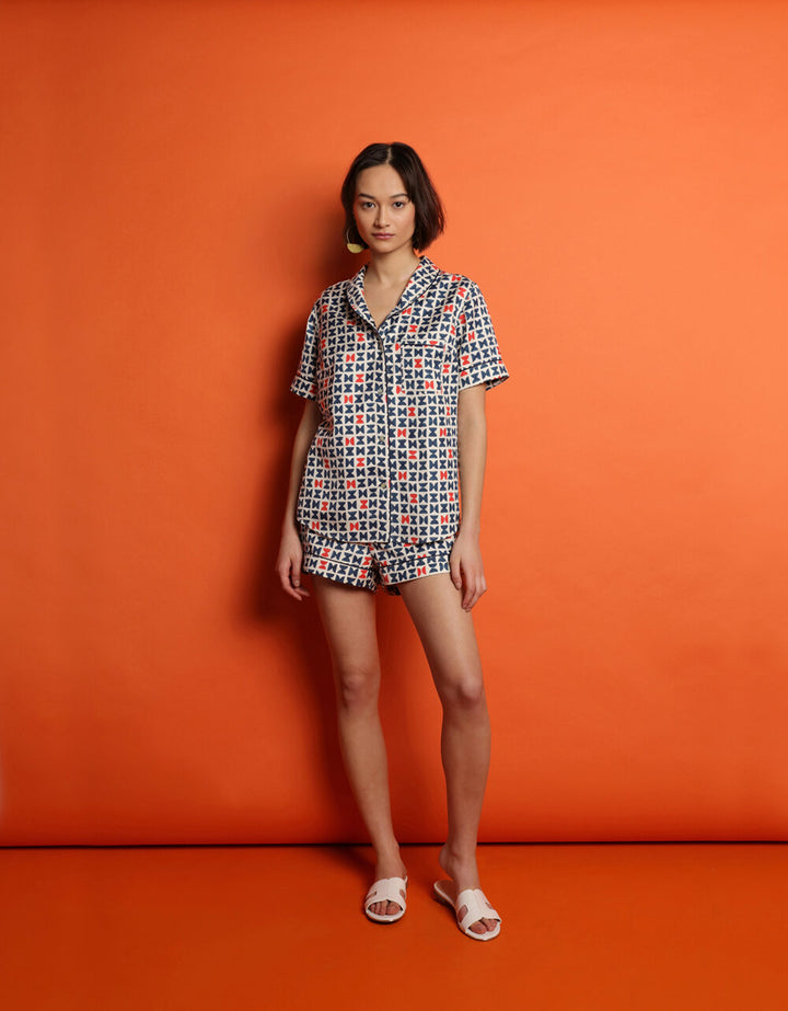 Luxury Mulberry Silk Shorties Pyjamas - Varanasi Navy