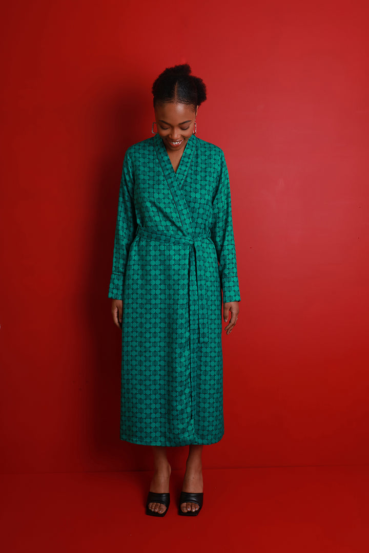 Emerald Green printed mulberry silk robe