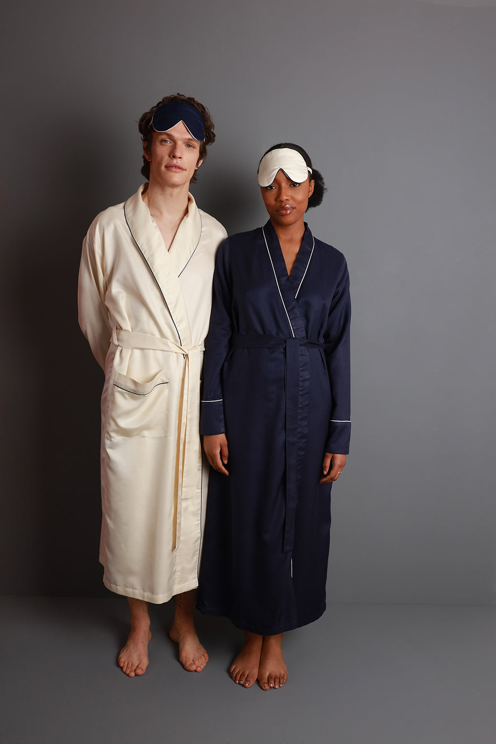 Mulberry Silk Robe - Midnight Navy with Ivory Piping
