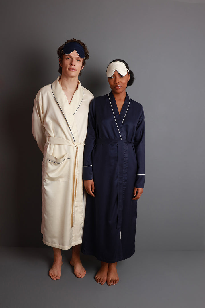 Mulberry Silk Robe - Midnight Navy with Ivory Piping