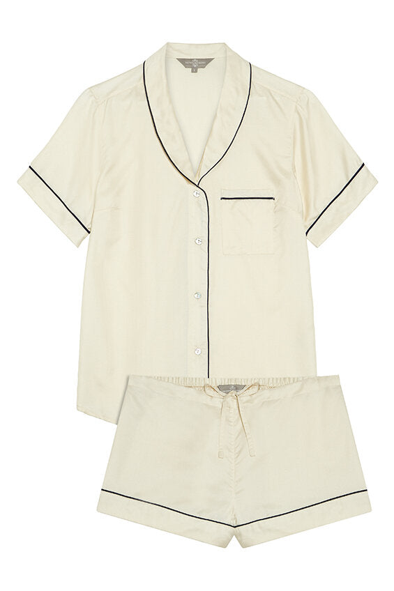 Mulberry Silk Shorties Pyjamas - Ivory with Navy Piping