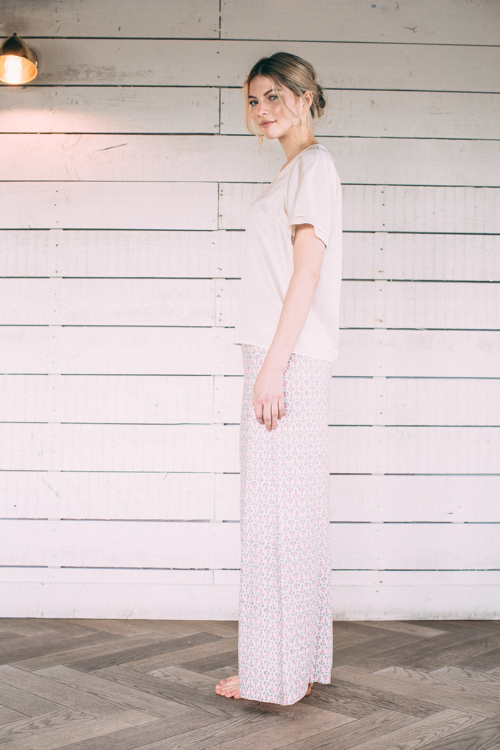 Model Wearing Mulberry Silk Sleeved Top - Ivory (Natural)