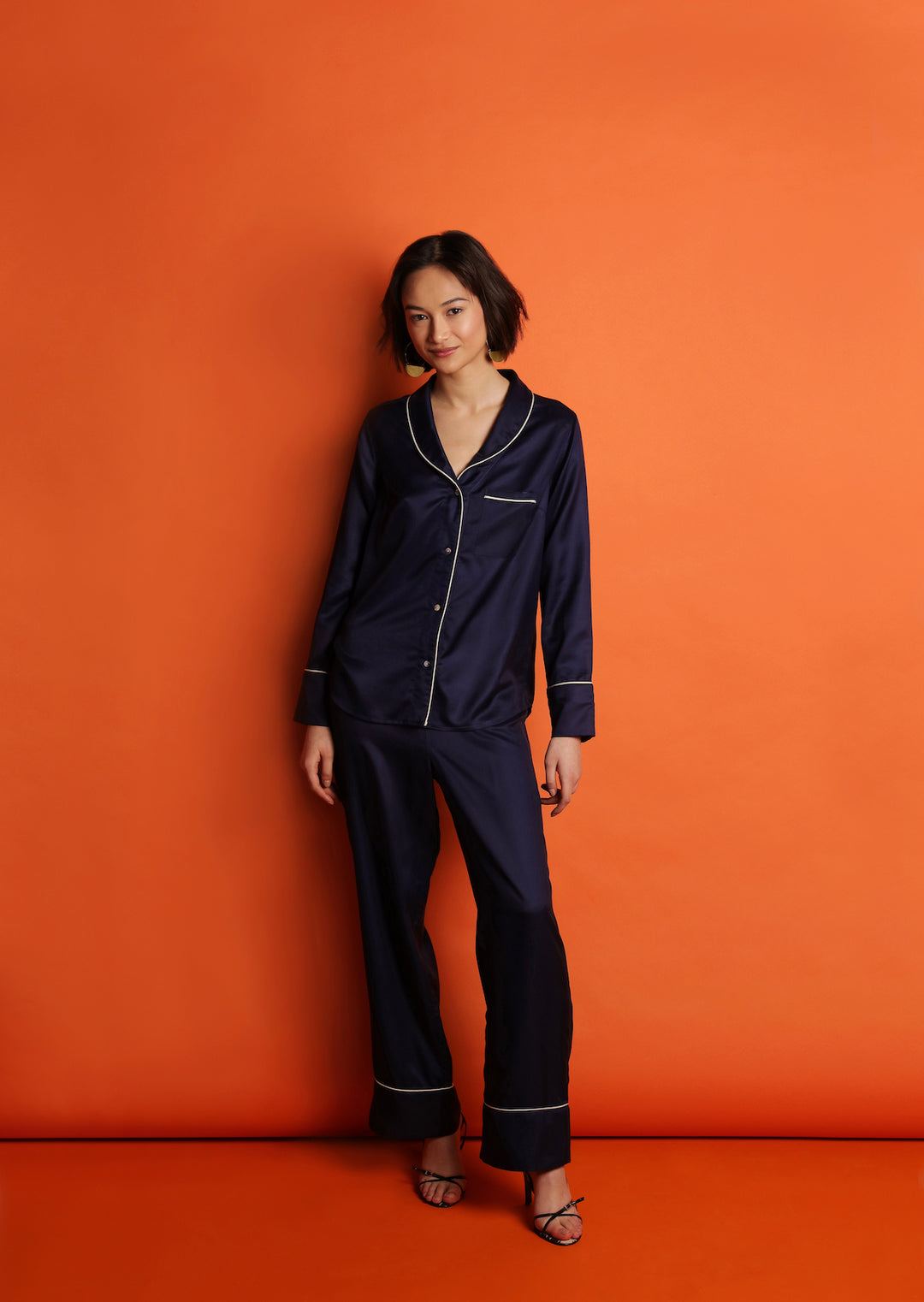 Mulberry Silk Pyjamas - Midnight Navy with Ivory Piping