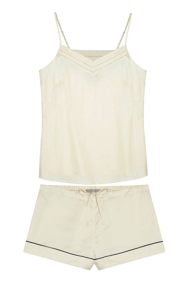 Mulberry Silk Camisole & Shorts Set - Ivory (Natural) with navy piping