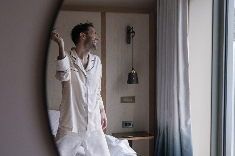 Men's Mulberry Silk Pyjamas - Natural Ivory with Navy Detail - Please note that pieces purchased in our Archive Sale can't be refunded. We are happy to offer an exchange, if we have the stock available or a credit note.