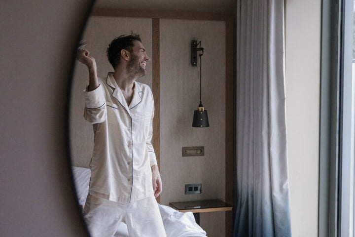 Men's Mulberry Silk Pyjamas - Natural Ivory with Navy Detail - Please note that pieces purchased in our Archive Sale can't be refunded. We are happy to offer an exchange, if we have the stock available or a credit note.
