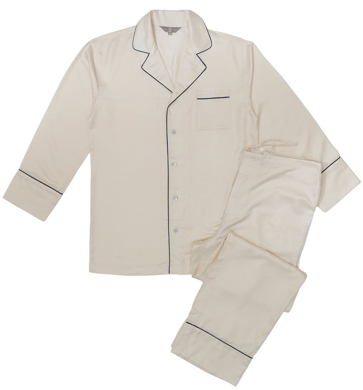 Men's Mulberry Silk Pyjamas - Natural Ivory with Navy Detail - Please note that pieces purchased in our Archive Sale can't be refunded. We are happy to offer an exchange, if we have the stock available or a credit note.