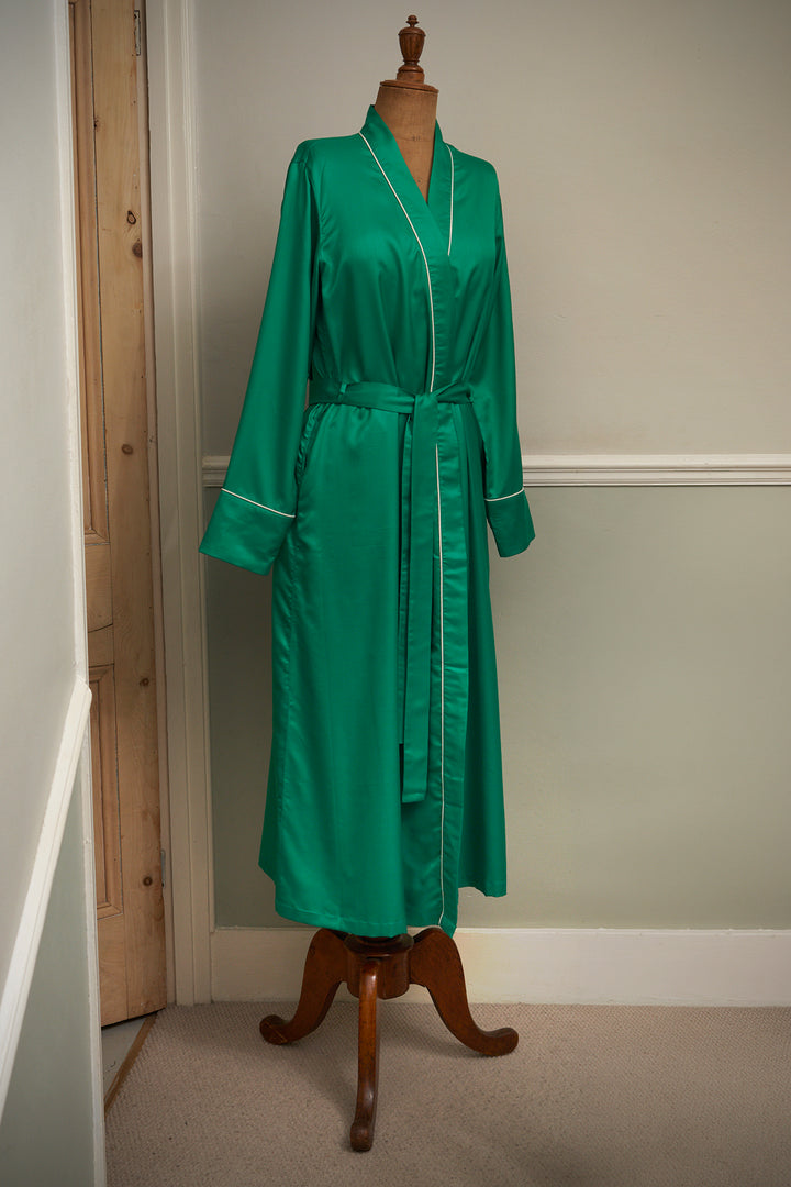 Mulberry Silk Robe - Emerald Green with Ivory piping