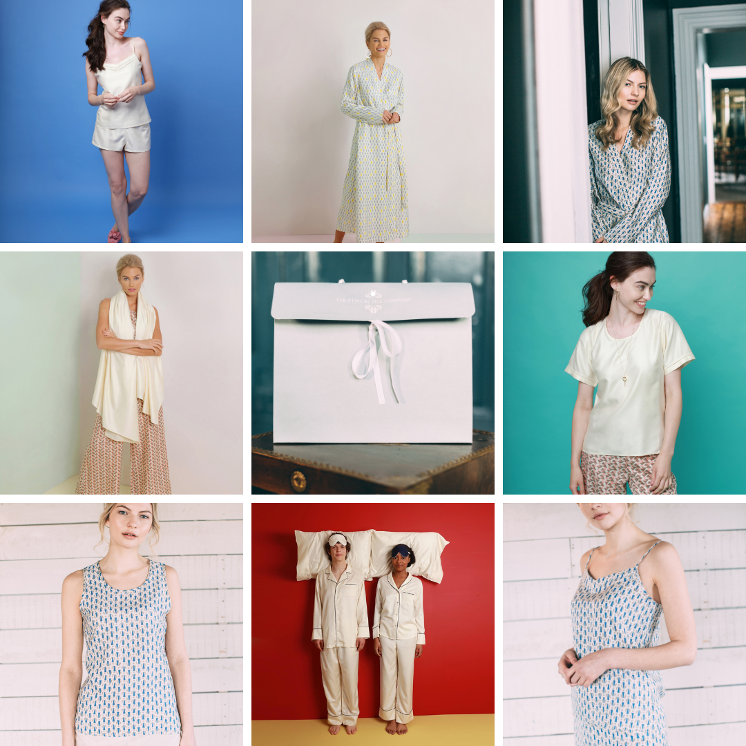 A grid of images displaying various mulberry silk products