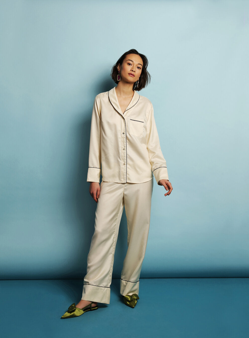Mulberry Silk Pyjamas - Natural Ivory with Navy Detail