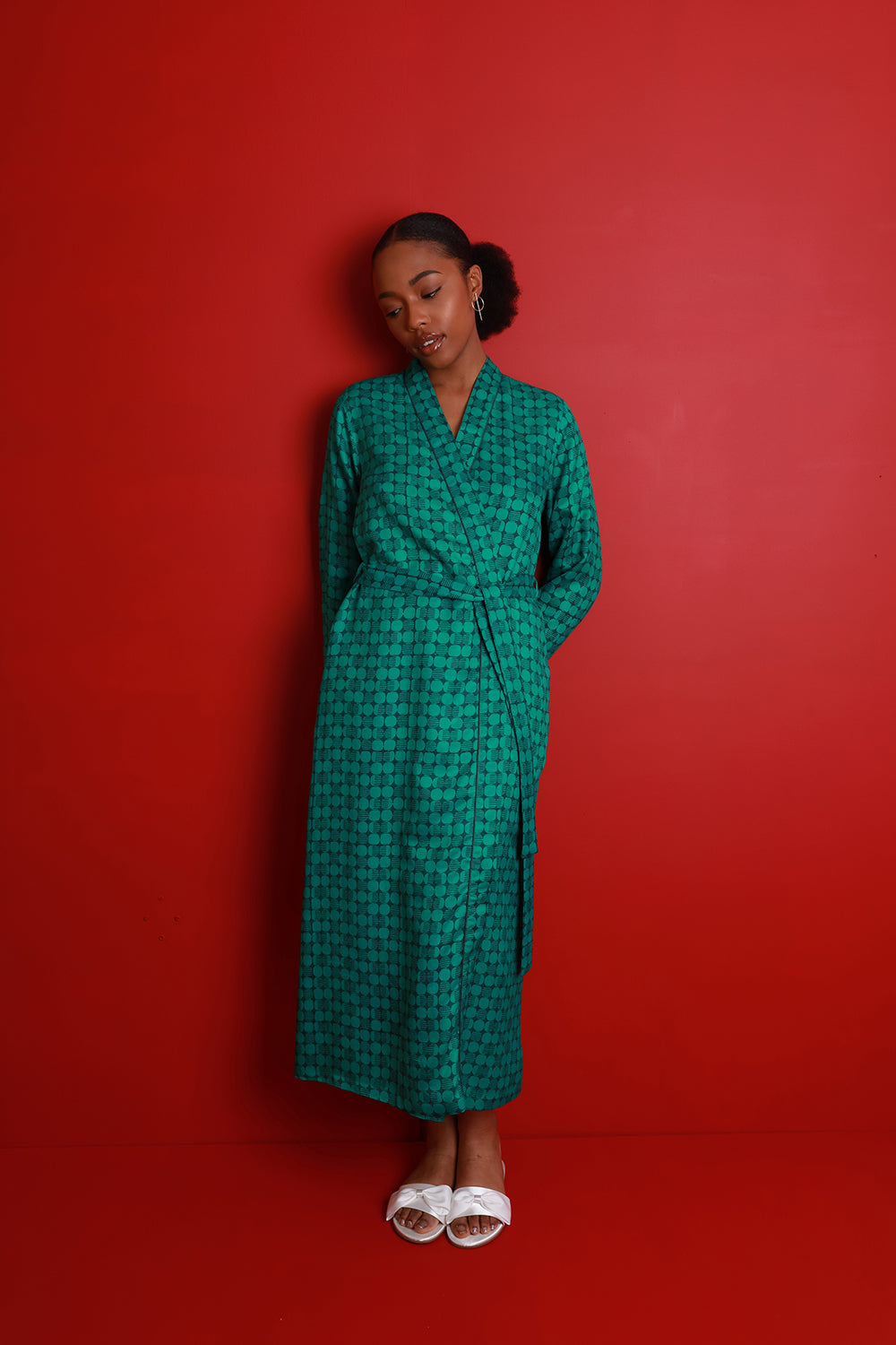 Emerald Green printed mulberry silk robe