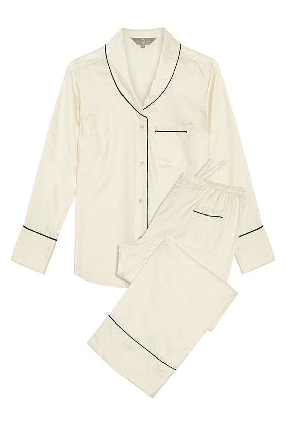Mulberry Silk Pyjamas Natural Ivory with Navy Detail