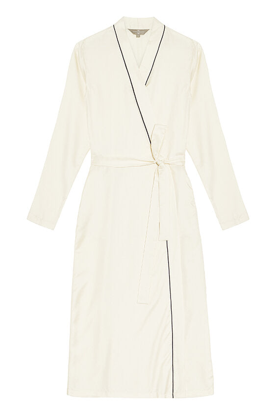 Mulberry Silk Robe - Ivory with Navy Piping