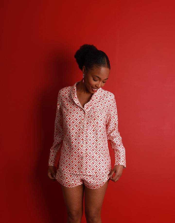 Mulberry Silk Long Sleeved Shorties Pyjamas - Leh Scarlet