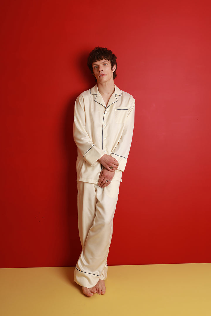 Men's Mulberry Silk Pyjamas - Natural Ivory with Navy Detail