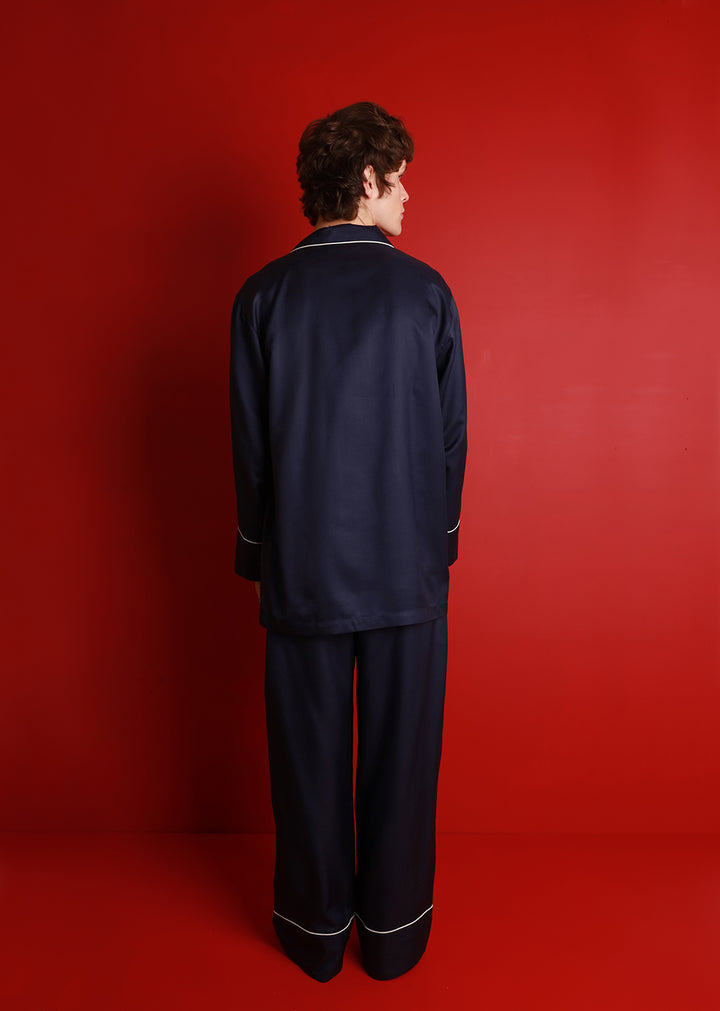 Men's Mulberry Silk Pyjamas - Midnight Navy with Ivory Piping