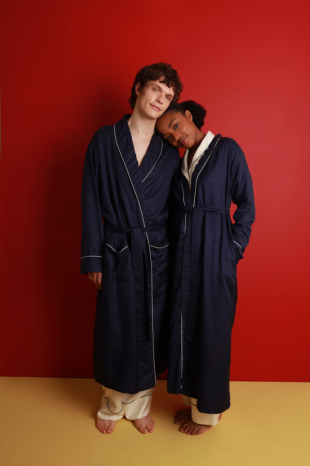 Men's Mulberry Silk Robe - Midnight Navy with Ivory Piping