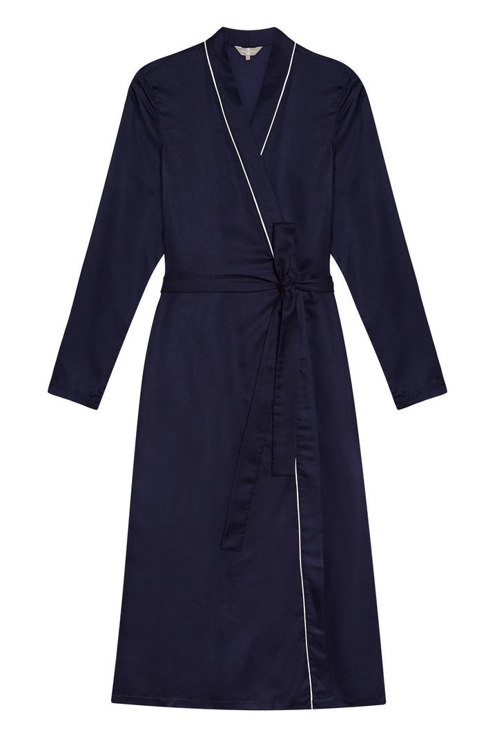 Mulberry Silk Robe - Midnight Navy with Ivory Piping