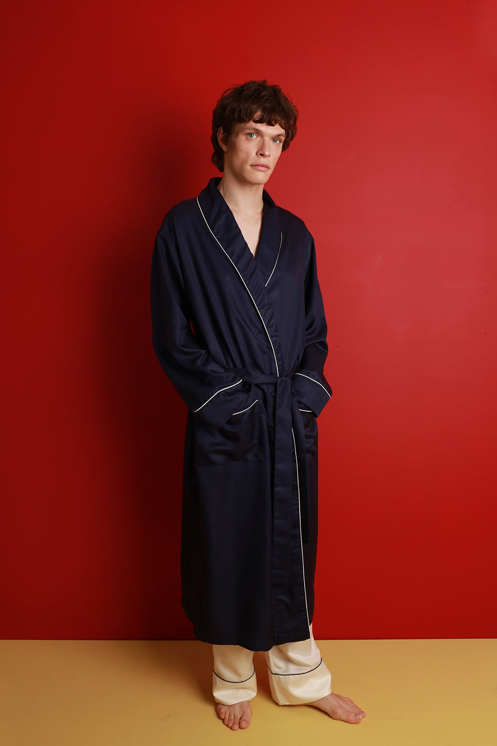 Men's Mulberry Silk Robe - Midnight Navy with Ivory Piping