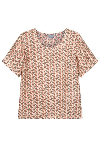 Mulberry Silk Sleeved Top - Coral/Grey print